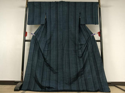 平和屋着物▽上質な紬 単衣 縞 ロング丈 正絹 逸品 AABE5179jh