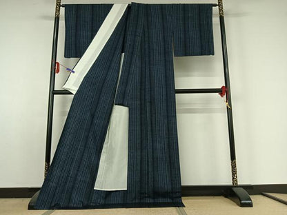 平和屋着物▽上質な紬 単衣 縞 ロング丈 正絹 逸品 AABE5179jh
