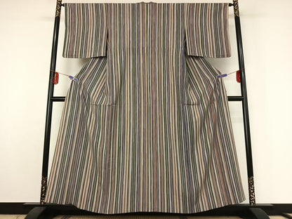 平和屋着物▽上質な小紋 単衣 縞 鬼しぼ縮緬 正絹 逸品 AABE5181jh