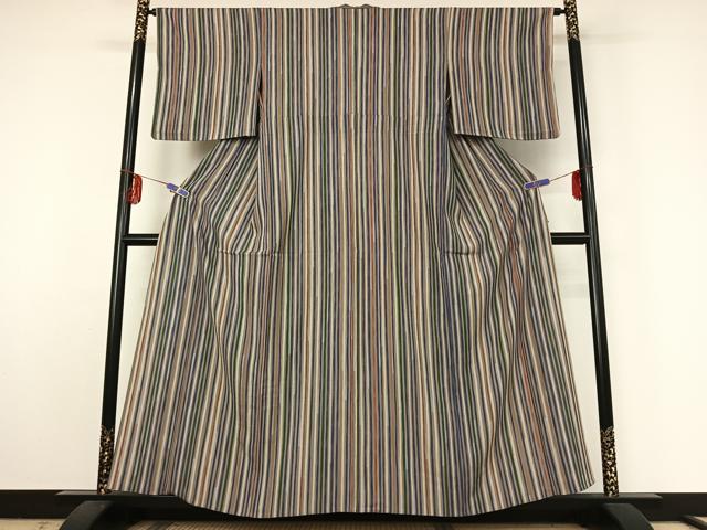 平和屋着物▽上質な小紋 単衣 縞 鬼しぼ縮緬 正絹 逸品 AABE5181jh