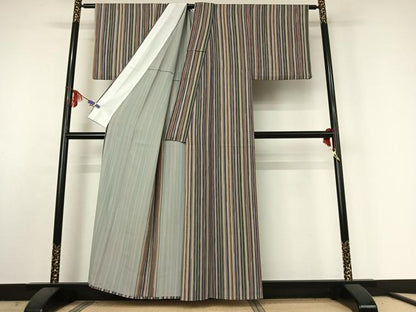 平和屋着物▽上質な小紋 単衣 縞 鬼しぼ縮緬 正絹 逸品 AABE5181jh