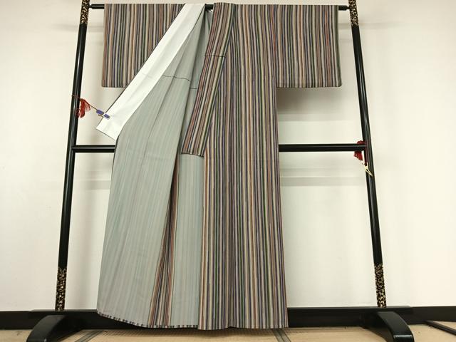 平和屋着物▽上質な小紋 単衣 縞 鬼しぼ縮緬 正絹 逸品 AABE5181jh