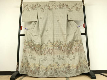 平和屋着物▽訪問着 単衣 草花文 金彩 正絹 逸品 AABE5183jh