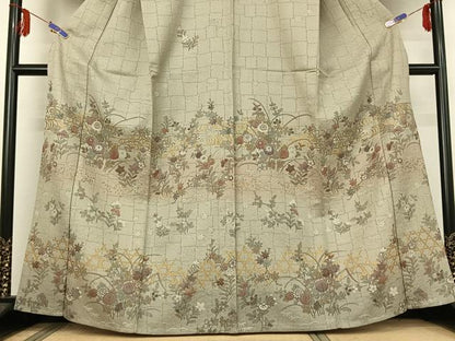 平和屋着物▽訪問着 単衣 草花文 金彩 正絹 逸品 AABE5183jh