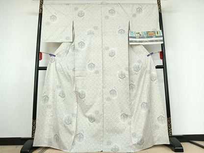 平和屋着物▽本場大島紬 白大島 単衣 9マルキ 正倉院花文 ますいわ屋扱い 証紙付き 正絹 逸品 AABE5191jh