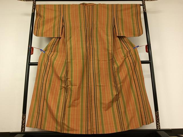 平和屋着物▽上質な紬 単衣 縞 正絹 逸品 AABE5192jh
