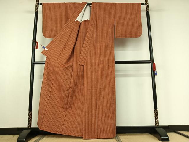 平和屋着物▽上質な紬 単衣 縞 正絹 逸品 AABE5193jh