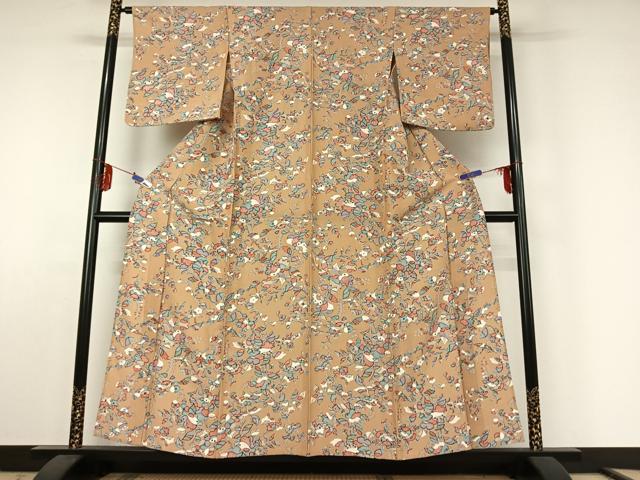 平和屋着物▽上質な小紋　単衣　花鳥文　正絹　逸品　AABE5194jh