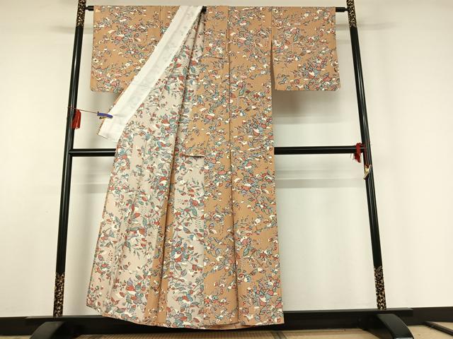 平和屋着物▽上質な小紋　単衣　花鳥文　正絹　逸品　AABE5194jh