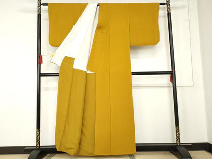 平和屋着物●上質な色無地 山吹色 鬼しぼ縮緬 正絹 逸品 AABE5212cs