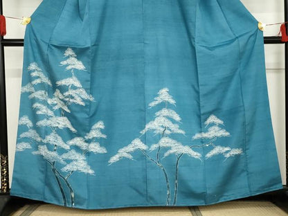 平和屋着物●訪問着　紬地　藍　枝松文　金彩　正絹　逸品　AABE5221cs