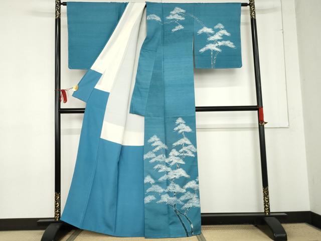 平和屋着物●訪問着　紬地　藍　枝松文　金彩　正絹　逸品　AABE5221cs