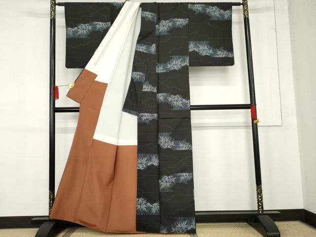 平和屋着物●上質な紬　笹竹文　黒地　正絹　逸品　AABE5252cs