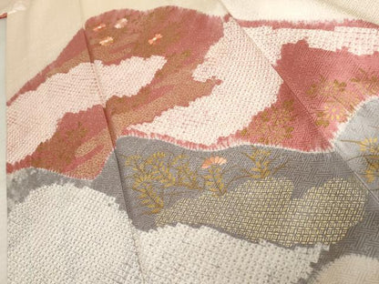 平和屋着物●訪問着　絞り　刺繍　草花文　金彩　正絹　逸品　AABE5266cs