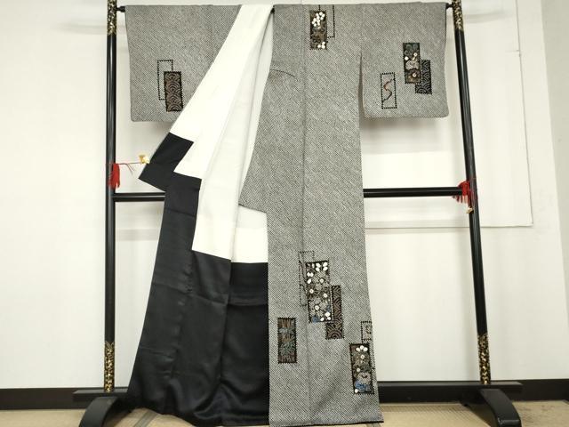 平和屋着物○訪問着 絞り 色紙重ね草花文 黒地 金彩 正絹 逸品 AABE5275cs