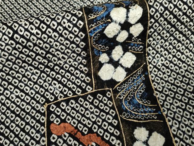 平和屋着物●訪問着　絞り　色紙重ね草花文　黒地　金彩　正絹　逸品　AABE5275cs 平和屋着物○訪問着 絞り 色紙重ね草花文 黒地 金彩 正絹 逸品 AABE5275cs