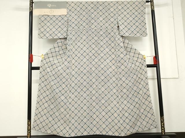 平和屋着物●型絵染の人間国宝　稲垣稔次郎　小紋　格子　反端付き　正絹　逸品　AABE5277cs 平和屋着物○型絵染の人間国宝 稲垣稔次郎 小紋 格子 反