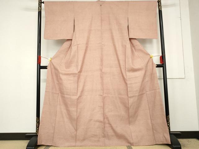 平和屋着物○結城紬 色無地 珊瑚色 正絹 逸品 AABE5289cs