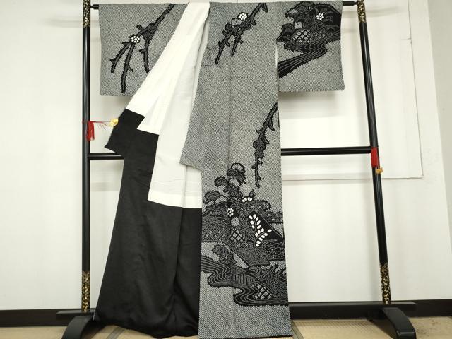 平和屋着物●訪問着　総絞り　流水花松文　黒地　正絹　逸品　AABE5316cs 平和屋着物○訪問着 総絞り 流水花松文 黒地 正絹 逸品 AABE5316cs