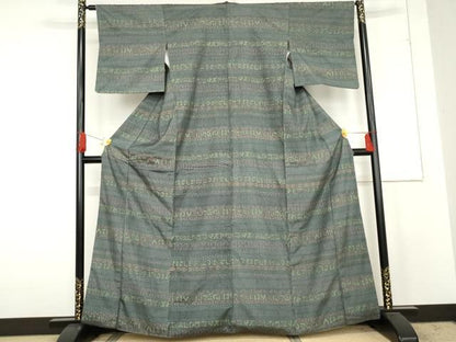 平和屋着物●縦節紬 幾何学横段文 正絹 逸品 AABE5317cs