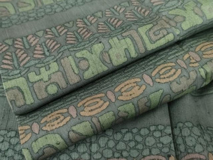 平和屋着物●縦節紬 幾何学横段文 正絹 逸品 AABE5317cs