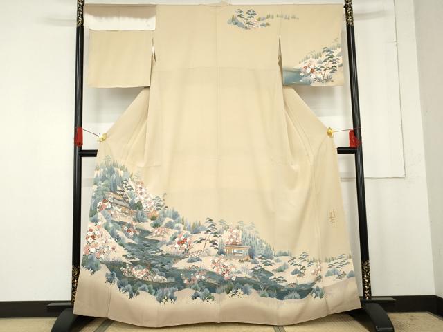 平和屋着物●伝統工芸士　伊藤華山　訪問着　浜松風景文　金彩　浜ちりめん　反端付き　正絹　逸品　未使用　AABE5335cs 平和屋着物○伝統工芸士 伊藤華山 訪問着 浜松風景文 金彩 浜