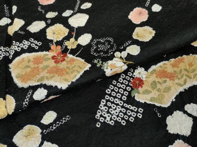 平和屋着物●訪問着　絞り　刺繍　地紙枝梅文　黒地　金糸　金彩　正絹　逸品　AABE5338cs 平和屋着物○訪問着 絞り 刺繍 地紙枝梅文 黒地 金糸 金彩