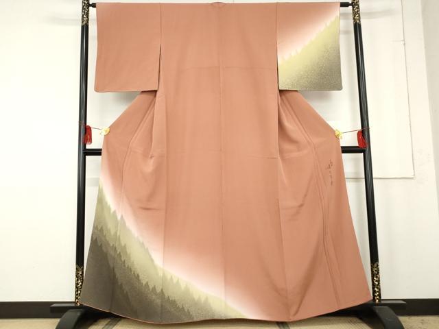 平和屋着物●二代目清次郎　手描き　訪問着　樹林風景文　暈し染め　正絹　逸品　AABE5340cs
