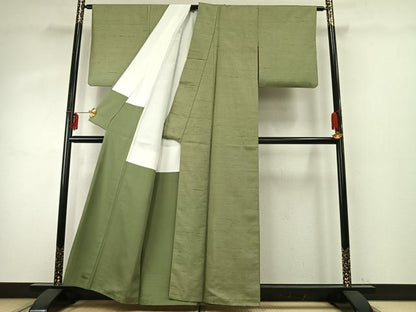 平和屋着物●上質な紬　色無地　若菜色　正絹　逸品　AABE5369fy