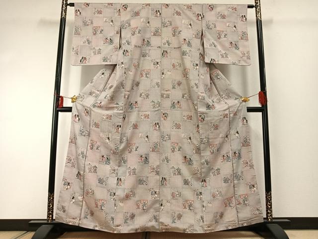 平和屋着物●本場大島紬　手描き　100亀甲　市松人物文　正絹　逸品　AABE5398fy 平和屋着物○本場大島紬 手描き 100亀甲 市松人物文 正絹 逸品 AABE5398fy