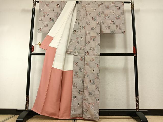 平和屋着物●本場大島紬　手描き　100亀甲　市松人物文　正絹　逸品　AABE5398fy 平和屋着物○本場大島紬 手描き 100亀甲 市松人物文 正絹 逸品 AABE5398fy