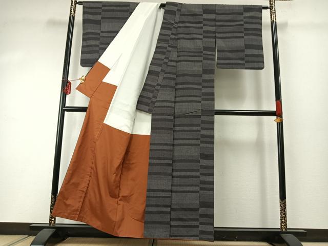 平和屋着物●結城紬 100亀甲 横段文 正絹 逸品 AABE5407fy