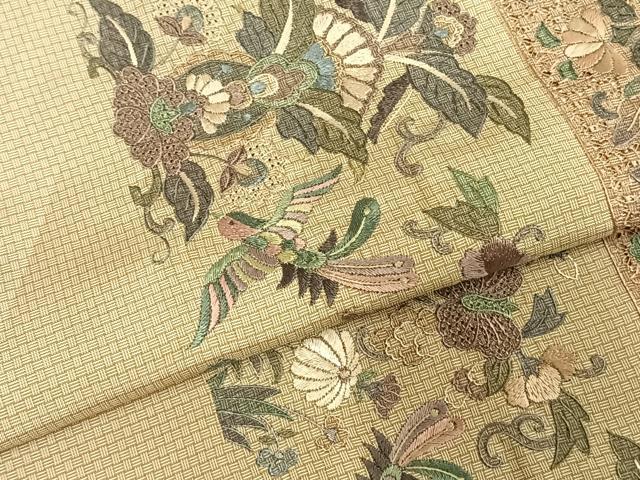 ■　大島紬　スワトウ　汕頭　着物　花　刺繍　蘇州刺繍 □大島紬スワトウ汕頭着物花刺繍蘇州刺繍