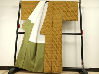 平和屋着物●本場黄八丈　紬　十字絣間道　正絹　逸品　AABE5436fy