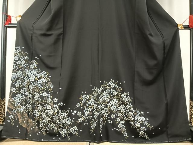 平和屋着物●豪華黒留袖　枝花文　夜桜　浜ちりめん　金彩　反端付き　正絹　逸品　未使用　AABE5447fy