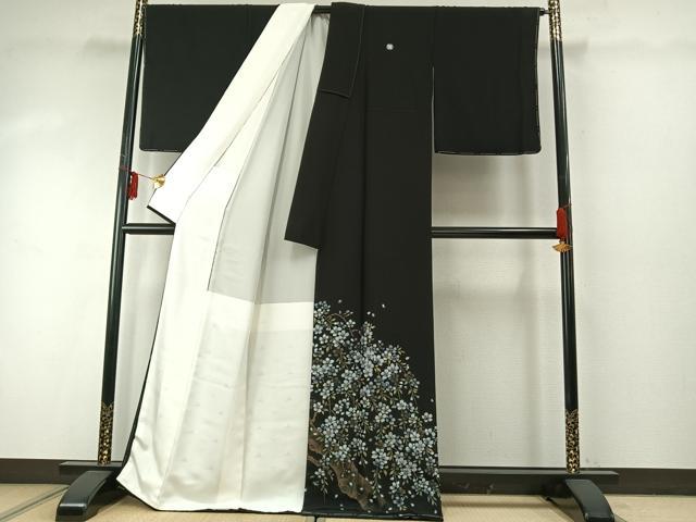 平和屋着物●豪華黒留袖　枝花文　夜桜　浜ちりめん　金彩　反端付き　正絹　逸品　未使用　AABE5447fy