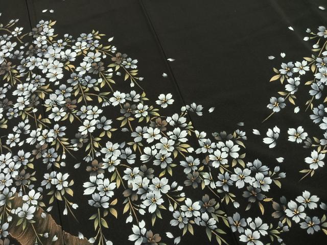 平和屋着物●豪華黒留袖　枝花文　夜桜　浜ちりめん　金彩　反端付き　正絹　逸品　未使用　AABE5447fy