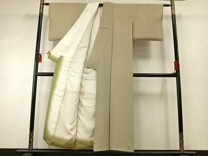 平和屋着物●寺山存男 江戸小紋 万筋 緑色×ベージュ色 正絹 逸品 AABE5459fy