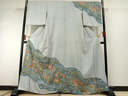 平和屋着物●訪問着 絞り 道長草花文 金彩 正絹 逸品 AABE5477fy