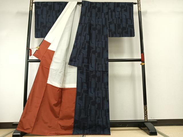 平和屋着物●結城紬　幾何学文様　正絹　逸品　未使用　AABE5508fy