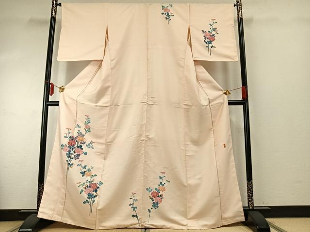 平和屋着物●訪問着　紬地　友禅　作家物　草花文　正絹　逸品　AABE5559fy