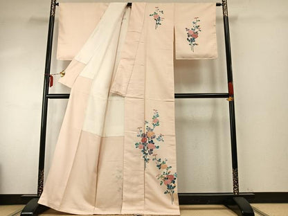 平和屋着物●訪問着　紬地　友禅　作家物　草花文　正絹　逸品　AABE5559fy