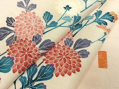 平和屋着物●訪問着　紬地　友禅　作家物　草花文　正絹　逸品　AABE5559fy
