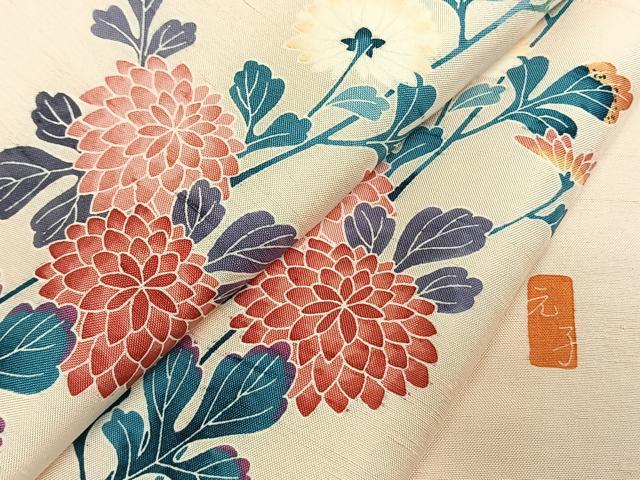 平和屋着物●訪問着　紬地　友禅　作家物　草花文　正絹　逸品　AABE5559fy