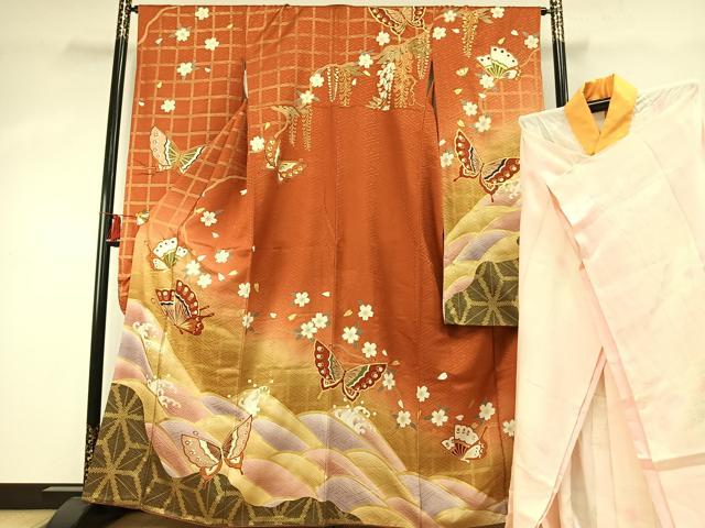 平和屋着物●豪華振袖・長襦袢(無双仕立て)セット　花蝶文　暈し染め　金彩　正絹　逸品　AABE5569fy