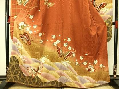 平和屋着物●豪華振袖・長襦袢(無双仕立て)セット　花蝶文　暈し染め　金彩　正絹　逸品　AABE5569fy