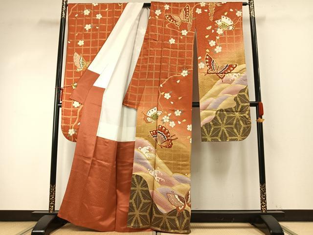 平和屋着物●豪華振袖・長襦袢(無双仕立て)セット　花蝶文　暈し染め　金彩　正絹　逸品　AABE5569fy