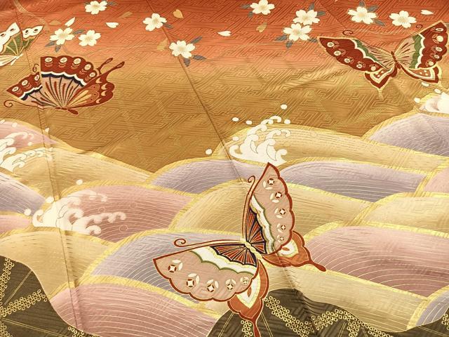平和屋着物●豪華振袖・長襦袢(無双仕立て)セット　花蝶文　暈し染め　金彩　正絹　逸品　AABE5569fy