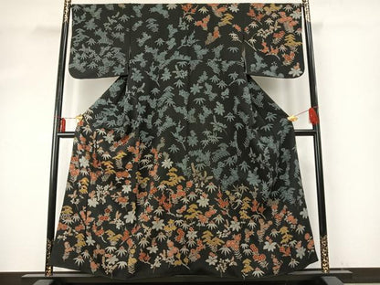 平和屋着物●訪問着　刺繍　草花文　黒地　正絹　逸品　AABE5586fy