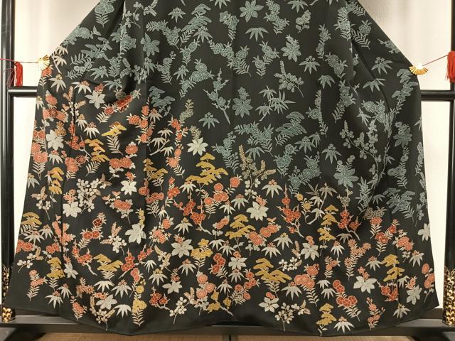 平和屋着物●訪問着　刺繍　草花文　黒地　正絹　逸品　AABE5586fy